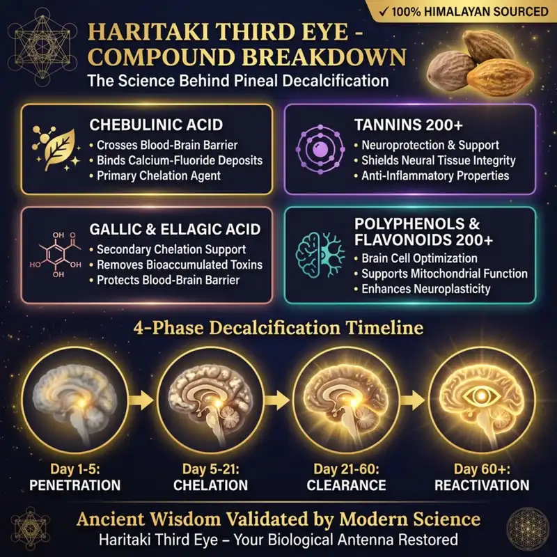 Haritaki compound breakdown showing all 4 active compounds and the 4-phase chelation timeline